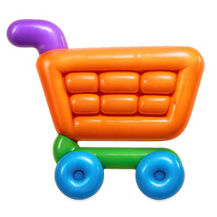 Vibrant 3D rendered cartoon shopping cart icon with a playful, glossy finish. Featuring a soft orange basket, purple handle, green base, and chunky blue wheels, this cheerful e-commerce symbol glows b