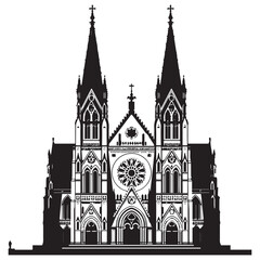 Fototapeta premium Striking silhouette of a grand gothic cathedral with twin spires and intricate facade detail against a white background