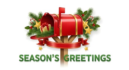 Vintage Red Christmas Mailbox with Pine Branches and Holiday Gift on White Background