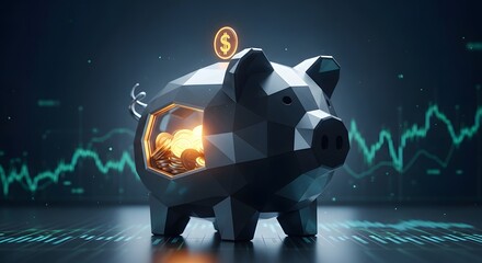 Geometric Piggy Bank with Gold Coins and Financial Chart Background.