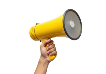 Isolated yellow megaphone held in hand making announcement or loud communication