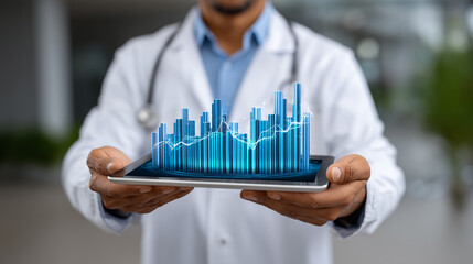 A doctor in a white coat holding a digital tablet that displays a futuristic, glowing blue holographic bar graph, symbolizing medical data analysis, healthcare statistics, and technological innovation