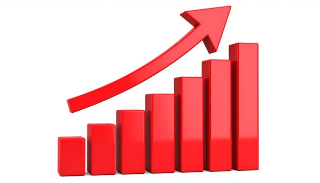 A 3D red bar graph indicating positive growth with an upward curving arrow, isolated