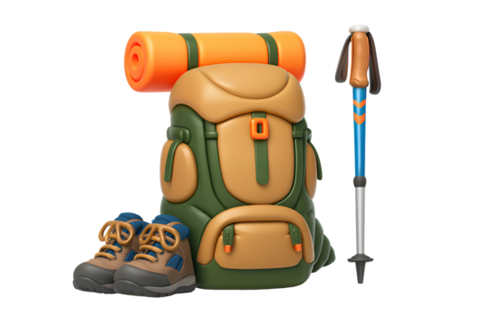 3D Camping Gear Icon – Backpack, Hiking Boots, Sleeping Mat, and Trekking Pole for Outdoor Adventure Themes