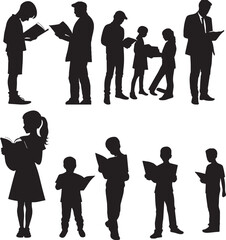 Silhouettes set of man reading book