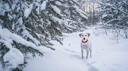 White dog with red collar standing in snowy forest path surrounded by pine trees, peaceful winter scene in natural outdoor setting