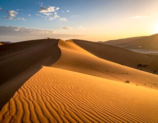 Golden desert landscape with rippled sand dunes at sunrise