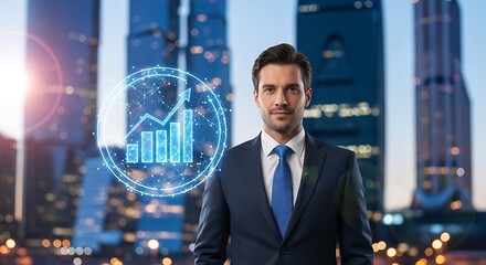 Businessman in suit with digital graph overlay against a blurred cityscape background at dusk