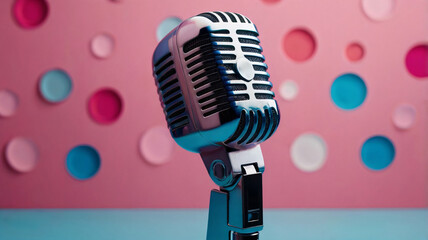 A classic silver vintage microphone on a stand against a playful pink and blue polka dot background