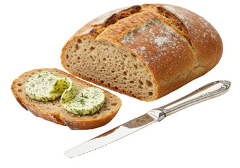 Isolated bread loaf slice with seasoned butter curl next to a knife, fresh country style