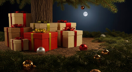 A Collection of Wrapped Gifts Under a Tree with a Moonlit Sky in the Background, Evoking a Sense of Anticipation and the Spirit of Giving During the Holidays