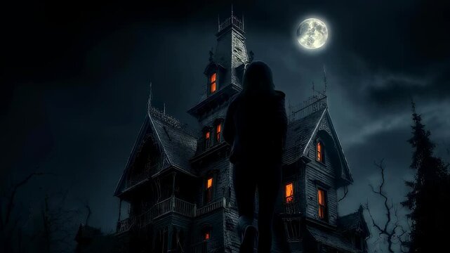 Spooky Haunted House at Night with Full Moon.