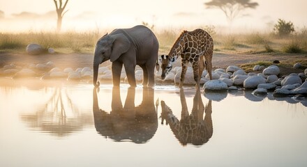 A majestic elephant and a giraffe drinking water together at a calm riverbank during sunrise in the savanna.