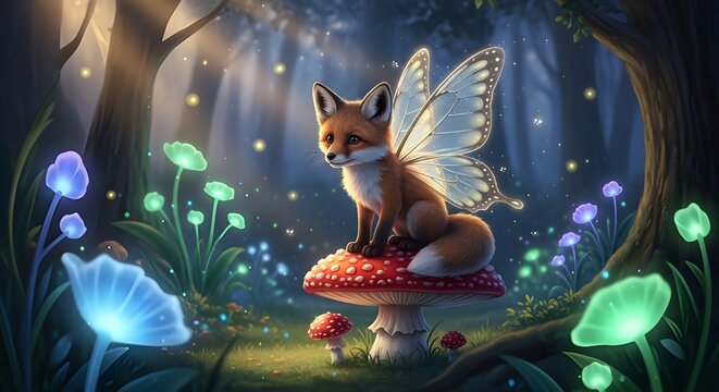 A small fox with fairy wings sitting on a glowing mushroom in an enchanted forest.