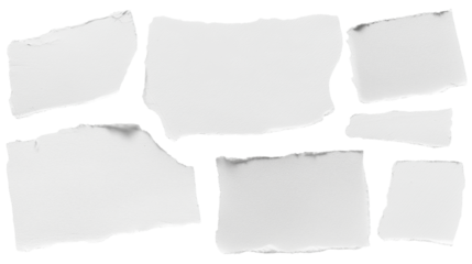 set - collection of torn white paper scrap or different shapes of ripped sheets isolated against a transparent white background ideal for digital collage designs or base for text grunge design element