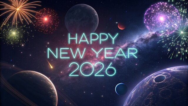 Ultra HD 4K Wallpaper Featuring ‘Happy New Year 2026’ Glowing in Outer Space, Floating Neon Planets, Stardust Fireworks, Colorful Cosmic Lights, Futuristic Celebration Atmosphere