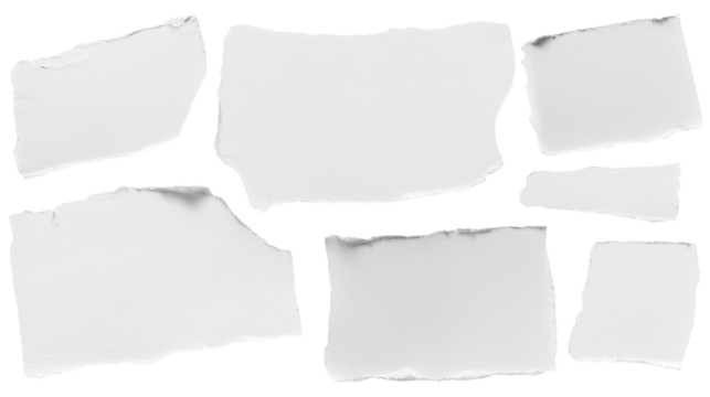 set - collection of torn white paper scrap or different shapes of ripped sheets isolated against a transparent white background ideal for digital collage designs or base for text grunge design element