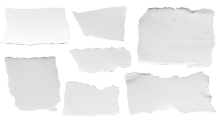 set - collection of torn white paper scrap or different shapes of ripped sheets isolated against a transparent white background ideal for digital collage designs or base for text grunge design element