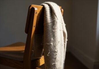 Cardigan draped over a wooden chair with knit texture detail in warm home setting, cozy
