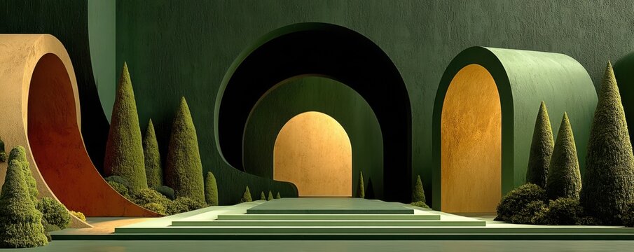 Surreal green arch garden scene with curved arches, steps, and sculpted trees - Powered by Adobe