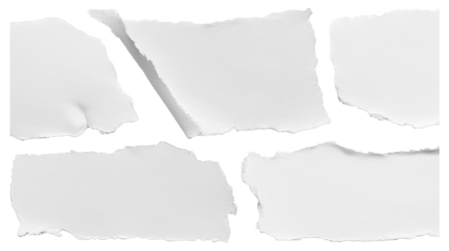 set - collection of torn white paper scrap or different shapes of ripped sheets isolated against a transparent white background ideal for digital collage designs or base for text grunge design element