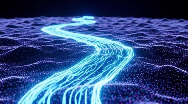Abstract glowing blue energy stream flowing through a dark digital landscape of particles and waves