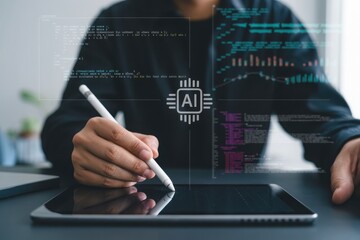Person using stylus on tablet with ai chip and code overlay