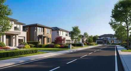 Obraz premium Sunny Suburban Street with Modern Houses and Green Lawns