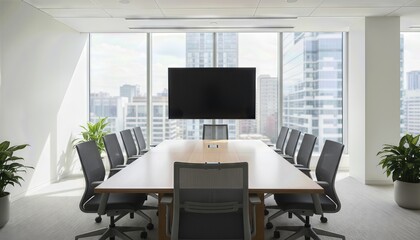 Minimalist Conference Room with Empty Table and City View