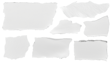 set - collection of torn white paper scrap or different shapes of ripped sheets isolated against a transparent white background ideal for digital collage designs or base for text grunge design element