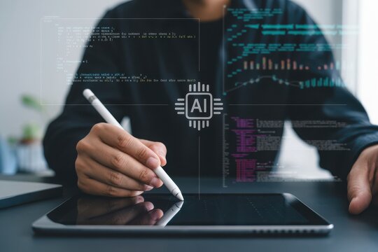 Person using stylus on tablet with ai chip and code overlay