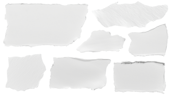 set - collection of torn white paper scrap or different shapes of ripped sheets isolated against a transparent white background ideal for digital collage designs or base for text grunge design element