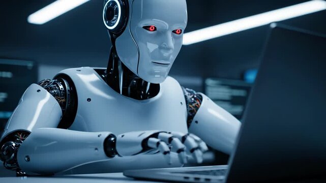 Closeup of a futuristic humanoid robot typing on a laptop in a dimly lit, modern office setting with glowing lights