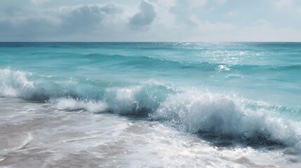 Fototapeta premium A serene turquoise ocean wave gently breaks upon a sandy shore under a cloudy sky