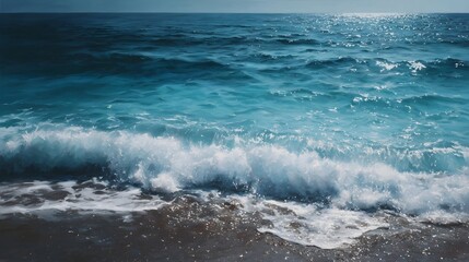 Fototapeta premium A vibrant turquoise ocean wave breaks with white foam onto a sandy beach with shimmering sunlight on the water s surface