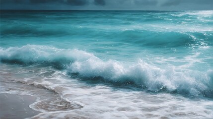 A serene turquoise ocean wave gently breaks upon a sandy shore under a dramatic sky
