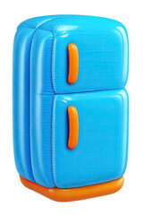 Blue inflatable two-door refrigerator 3D render. Glossy, puffy, cartoon style with bright orange handles and glowing base. Ideal for kitchen icons, digital assets, tech, playful designs. Gradient back