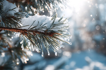 Stunning close-up of pine needles covered in sparkling ice and fresh snow, capturing winter's delicate beauty with sunlit bokeh.