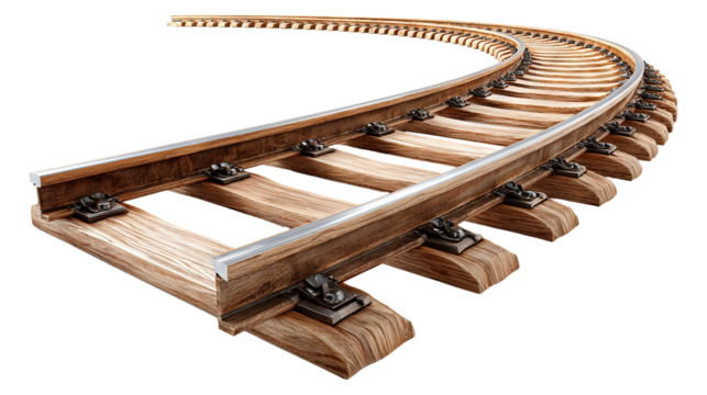 Curved railway track perspective view isolated on a transparent white background, clipping path