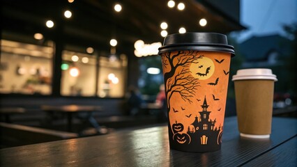 Halloween-themed coffee cup with vibrant orange design photographed outdoors on a wooden table, surrounded by evening cafe lights.
