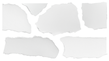 set - collection of torn white paper scrap or different shapes of ripped sheets isolated against a transparent white background ideal for digital collage designs or base for text grunge design element
