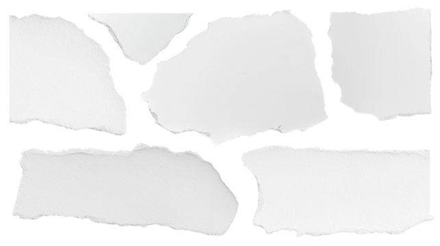 set - collection of torn white paper scrap or different shapes of ripped sheets isolated against a transparent white background ideal for digital collage designs or base for text grunge design element