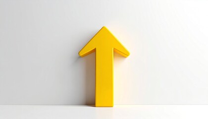 A bright yellow upward arrow casts a shadow on a clean white wall, suggesting growth