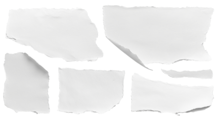 set - collection of torn white paper scrap or different shapes of ripped sheets isolated against a transparent white background ideal for digital collage designs or base for text grunge design element