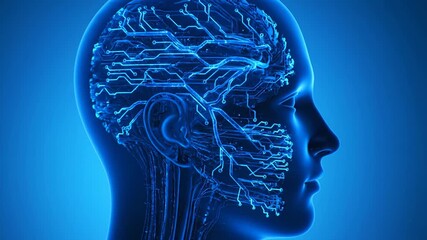 Abstract blue digital brain with glowing circuits representing artificial intelligence and neural network connections - Powered by Adobe