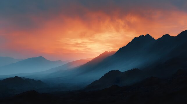 Majestic mountain range silhouette against a dramatic orange sunset sky with deep blue misty valleys and cinematic shadows