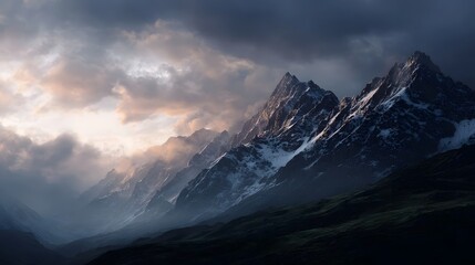 Naklejka premium Majestic mountain range at sunrise illuminated by dramatic clouds and golden light with snow capped peaks