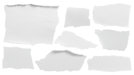 set - collection of torn white paper scrap or different shapes of ripped sheets isolated against a transparent white background ideal for digital collage designs or base for text grunge design element