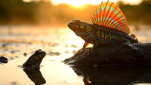 Mangrove Sunrise Spectacle A Mudskipper's Colorful Fin Display in Golden Light
