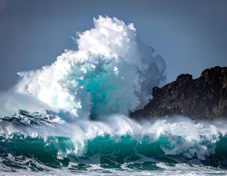 Powerful ocean wave crashing against dark, rocky shore under sunlight